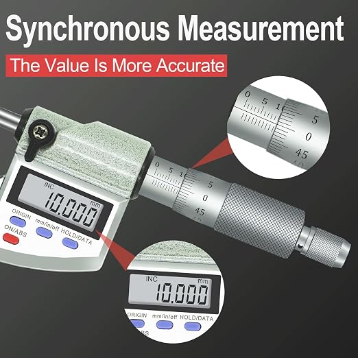 Digital Micrometer Precision Professional 0-1" (0-25mm) Range, 0.00005" (0.001mm) Resolution,Large Screen Digital Micrometer, Meets IP65 Specifications with Standard Ratchet Stop