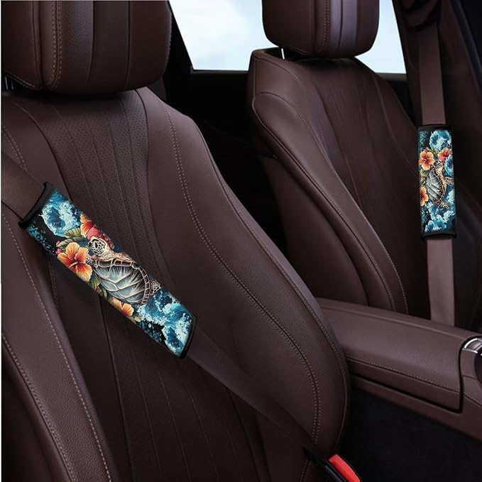 BIGCARJOB 12 Pieces Sea Turtle Car Seat Cover Set Universal Steering Wheel Covers,Armrest Pads,Coaster Tropical Floral Turtle Print Auto Seat Protector Full Set,Fit Most Vehicle,Cars,Sedan