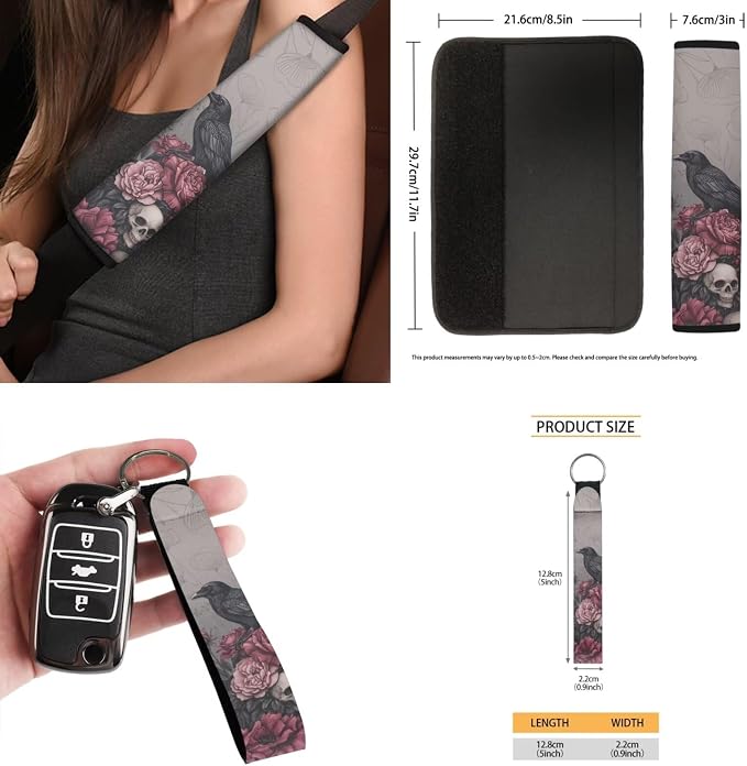 15 Pcs Rose Skull Car Seat Covers Full Set for Women Goth Raven Car Accessories Interior Car Steering Wheel Cover Seatbelt Covers Trash Bin Rear View Mirror Cover Cup Holders Keychain