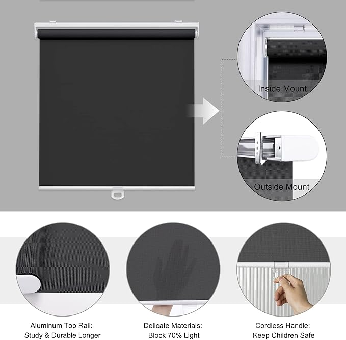 AOSKY Cordless Roller Shades for Windows Light Filtering Shades with 5% Openness Solar Screen Semi Sheer Roller Blinds UV Protection for Office and Home. Easy to Install 45" W x 72" H (Black)