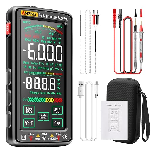 Smart Multimeter, Smart Digital multimeter Tester with Touch Screen 6000 Counts Auto Ranging Rechargeable multimeter A Reverse Display NCV Tester with Flashlight for Electricians,DIY (Black)