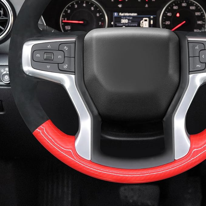 MEWANT DIY Red Shiny PU Carbon Fiber Black Athsuede Steering Wheel Cover Chevy Silverado Blazer 1500 Silverado 2500