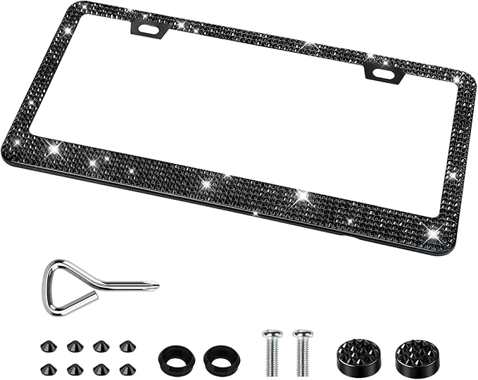 QUANQIUFEI Bling License Plate Frames for Women, Sparkly Rhinestone Diamond Car Accessories with Glitter Crystal Caps (1 Pack Black)