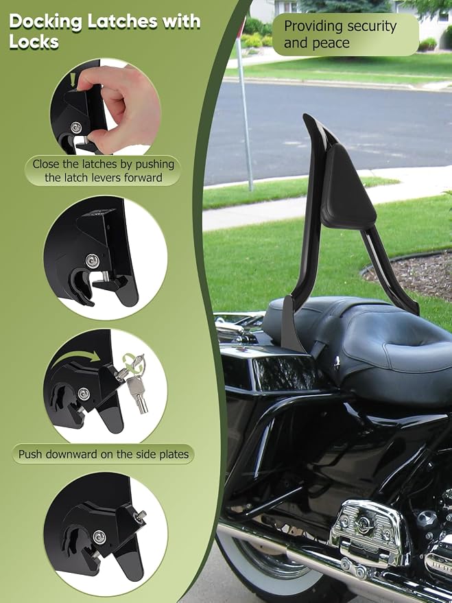 28" Motorcycle Backrest Sissy Bar Rear Passenger Backrest with Pad Locked Rotary Docking Latches Clips Keys Fit for Harley Touring Road King Road Glide Street Glide Electra Glide 2009-2025