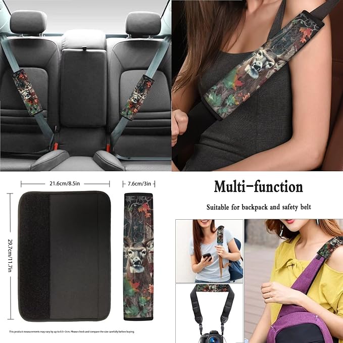 Deer Wood American Flag Maple Leaf Print Car Seat Covers Full Set, 13 Pieces Car Accessories Set, Universal Fit Steering Wheel Cover Safe Belts Cover Waterproof Coasters for Trucks SUV Van