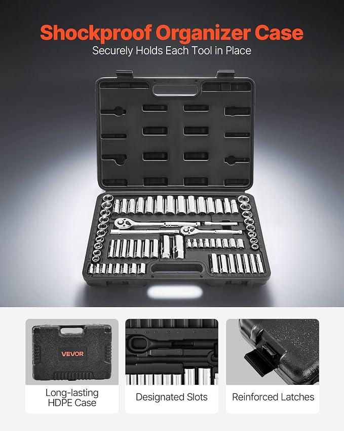 VEVOR Socket Set, 69 Pieces, 3/8 & 1/4 inch Drive Socket and Ratchet Set, SAE and Metric, Deep and Standard, Mechanic Tool Kit with Accessories and Storage Case, CR-V Alloy Steel, for Auto Repair