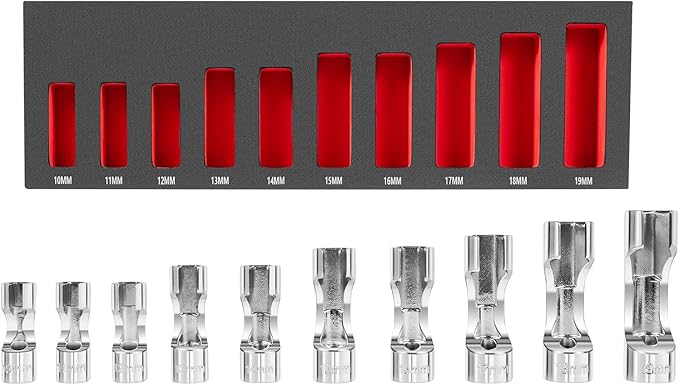 12030 Flare Nut Socket Set, 10pc, 10-19 mm 3/8" Drive Diesel Injector Fuel Line Socket Wrench Set for Fastener on Wired Temperature Sensors, Thermo Switches, ABS Tube, Master Cylinder, Coolant, etc