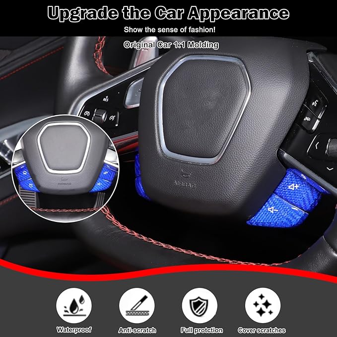 Dry Carbon Fiber Central Control Steering Volume Button Cover Compatible with Corvette C8 2020-2025 Accessories 4Pcs Center Consoles Steering Button Panel Sticker Decorative Interior Trim (Blue)