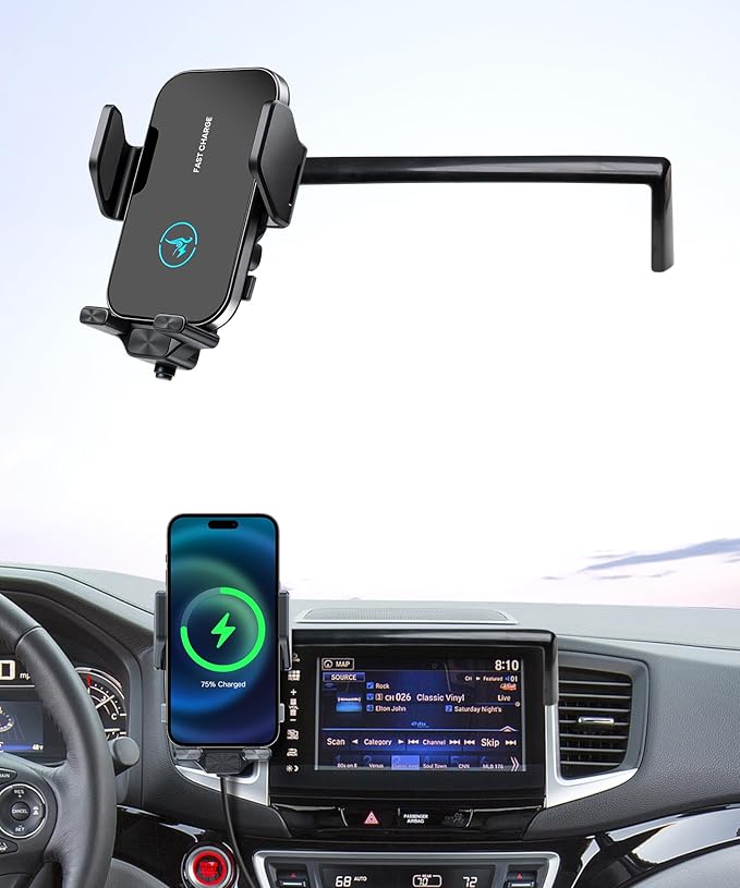 15W Wireless Fast Charger for 2016-2020 Honda Pilot/2019-2020 Passport/2017-2020 Ridgeline Accessories 5/8-inch Screen Fixed Clip, Interior Decoration Mobile Phone Mount, 360° Rotation