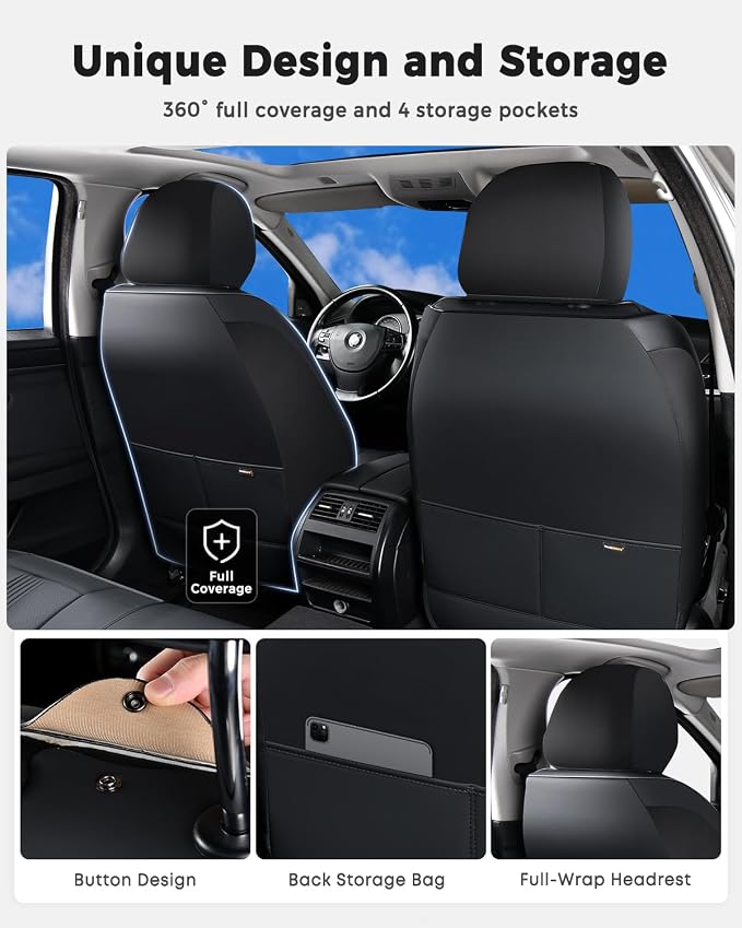 Huidasource Seat Covers, Car Seat Covers Nappa Leather with Lumbar Support, Side Elastic Fabric, Velcro Adjustable, Airbag, Ventilation Heating Child Seat Universal Fit for Most Cars SUV Trucks, Black
