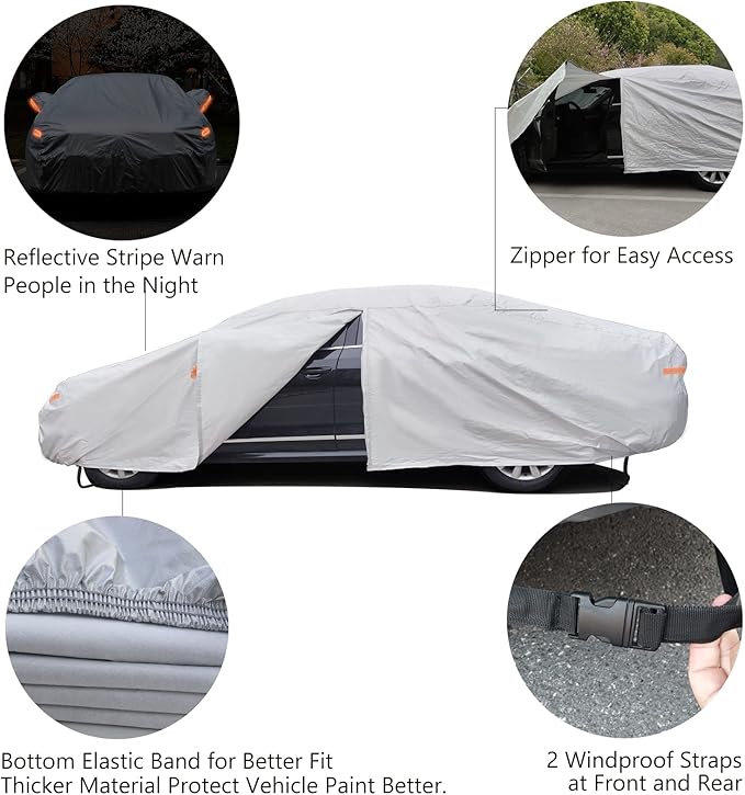 SEAZEN Car Cover 6 Layers, Waterproof Sedan Car Cover with Zipper Door, Snowproof/UV Protection/Windproof, Universal Car Covers Breathable Fabric with Cotton (185" to 200")
