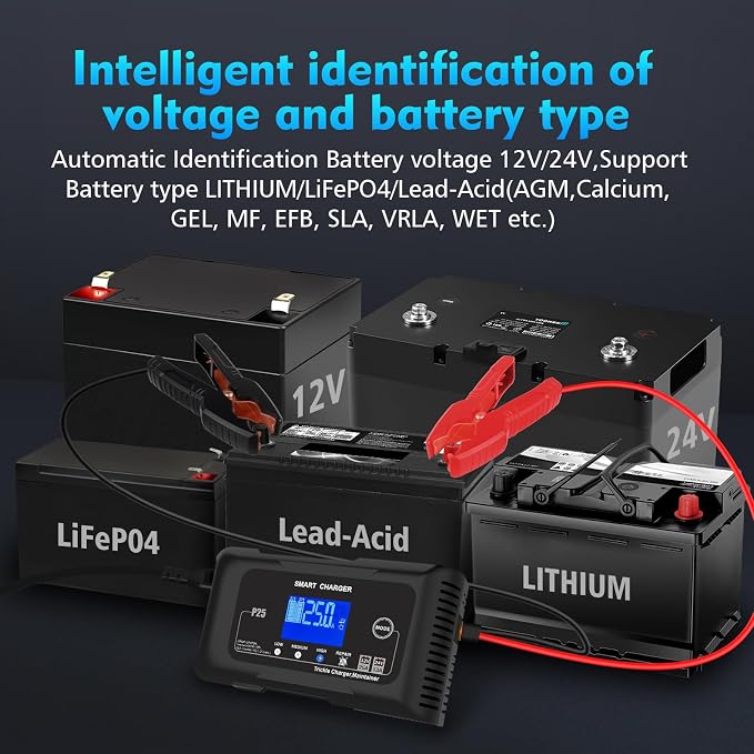 Battery Charger 0-25A,12V&24V LiFePO4 Battery Charger for Lithium,Lead Acid,AGM,RV,Marine,Boat, and Deep Cycle Batteries,9 Stage with Pulse Repair,Smart Car Trickle Charger & Maintainer