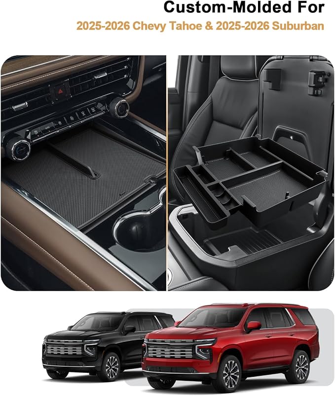 Center Console Organizer Set For 2025-2026 Chevy Tahoe/Suburban - Armrest Box Organizer Tray + Middle Console Storage Tray For 2025-2026 Tahoe/Suburban Accessories - Power Sliding Center Console Only