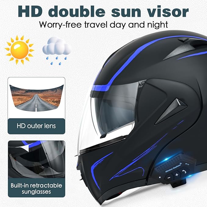 Motorcycle Bluetooth Modular Helmet, DOT Approved Dual Visor Full Face Flip Up Bluetooth Integrated Motorcycle Helmet for Adults Men and Women