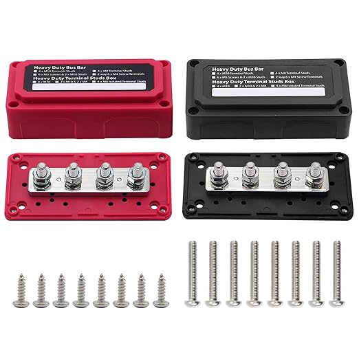 4 x M8 (5/16") Studs Power Distribution Block Bus Bar 12V, Ampper Waterproof HD 200A Marine BusBar Battery Distribution Block W/Cover for Auto Boat Solar (Red & Black)