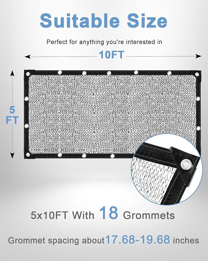 vensovo 50% Aluminum Shade Cloth - Reflective Aluminium Shade Netting Sun Shade Cover with Grommets for Cars, Dogs, Outdoor, RV, Patio (5x10FT)