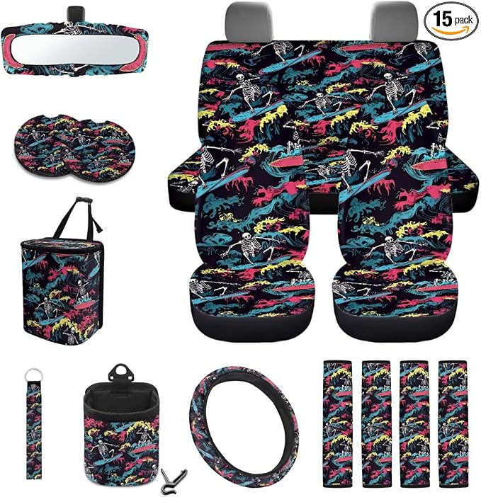 Skull Surfing Print Car Accessories Set Car Seat Covers Steering Wheel Covers Seatbelt Strap Cover Garbage Cans Air Vent Storage Bag Rear View Mirror Cover Cup Holder Key Chain, 15 Pcs