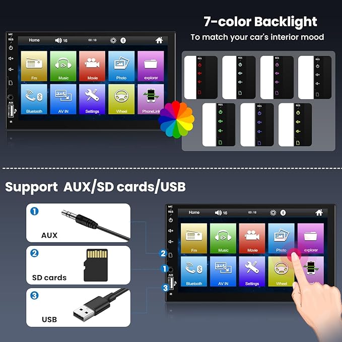[Upgrade] Single Din Car Stereo with Bluetooth,7 Inch Touch Screen 1 Din Car Radio with FM Radio EQ Mirror Link SWC USB/TF/Aux-in Ports+Backup Camera