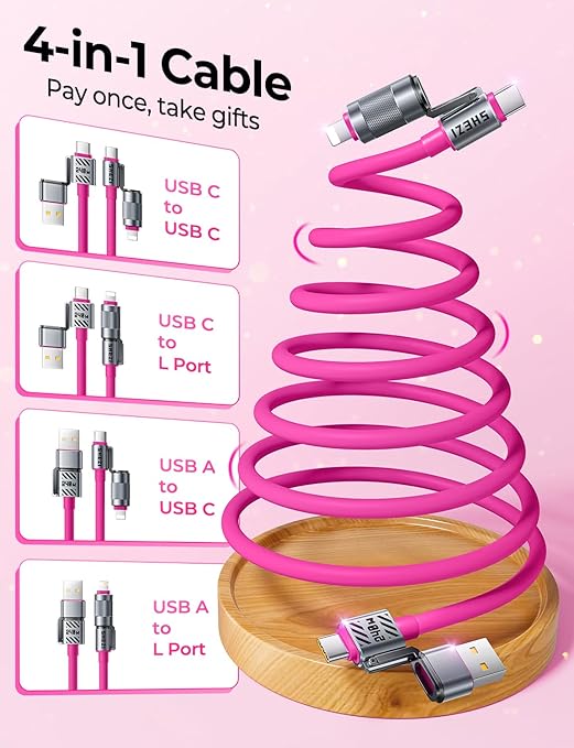 Coiled Pink Cable 4-in-1 USB C Cable 240W Compatible with Lightning Cable Fast Charging & Data Transfer, Support to CarPlay & Android Auto, 5FT Multi Cord Combo Charger for iPhone/iPad