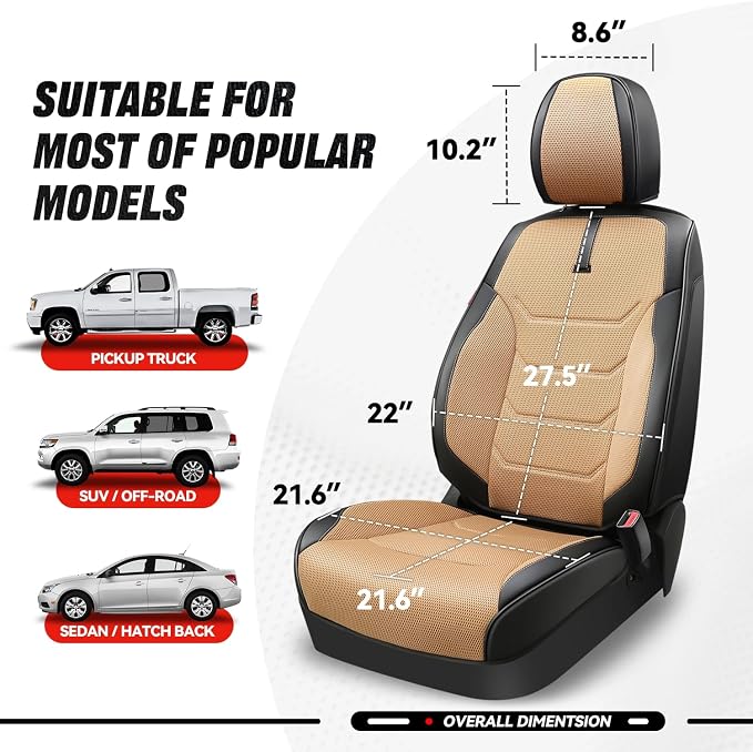 Auto Dynasty Sport Series Leather Car Seat Covers Front Pair, Breathable, Waterproof Faux Leather Automotive Seat Covers for Cars SUV Pick-up Truck Sedan, Universal Anti-Slip Driver Seat Cover, Beige