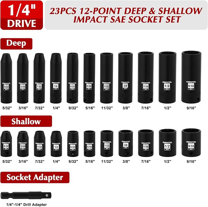 EMENTOL 1/4" Drive Impact Socket Set, 23 Pieces Deep & Shallow Socket Set, SAE 5/32"-9/16", 12 Point CR-V, Includes Drill Bit Adapter