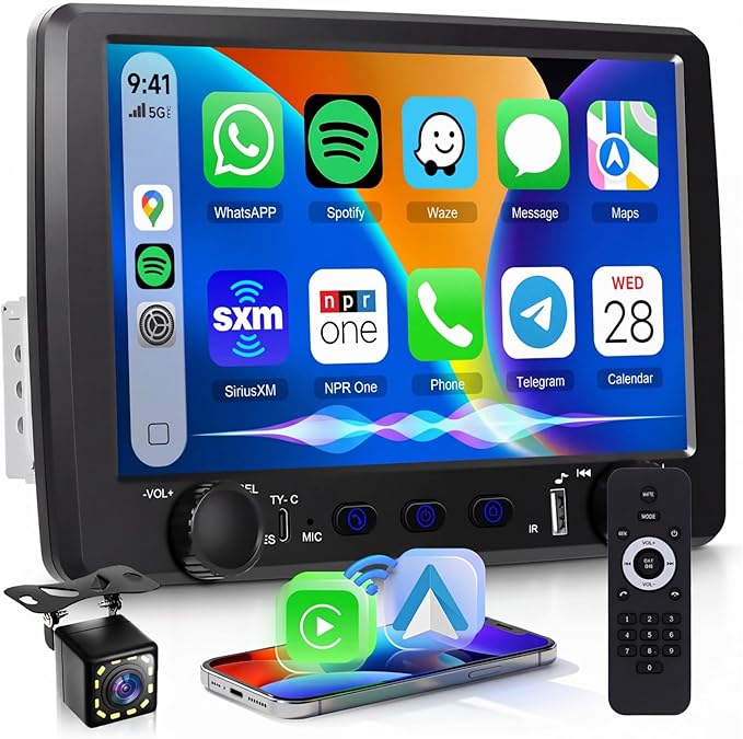 Rimoody Single Din Car Stereo with Wireless Carplay & Android Auto, 9 Inch Touchscreen Car Audio Receiver, Mirror Link, Bluetooth Handsfree/FM/, Backup Camera, SWC, USB/Type-C, EQ, Remote Control