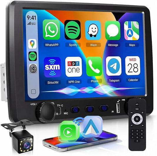Rimoody Single Din Car Stereo with Wireless Carplay & Android Auto, 9 Inch Touchscreen Car Audio Receiver, Mirror Link, Bluetooth Handsfree/FM/, Backup Camera, SWC, USB/Type-C, EQ, Remote Control