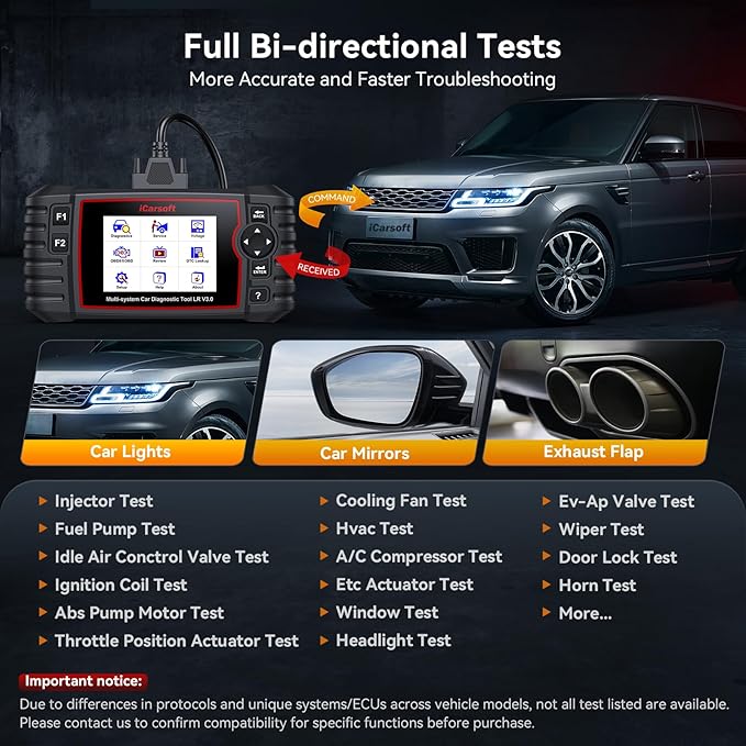 iCarsoft LR V3.0-D OBD2 Scanner for Land Rover & Jaguar Vehicles Auto VIN, Full-System Diagnosis, 35+ Resets, ABS/SRS/Transmission Code Reader, Bidirectional Control & Live Data Graphs‌