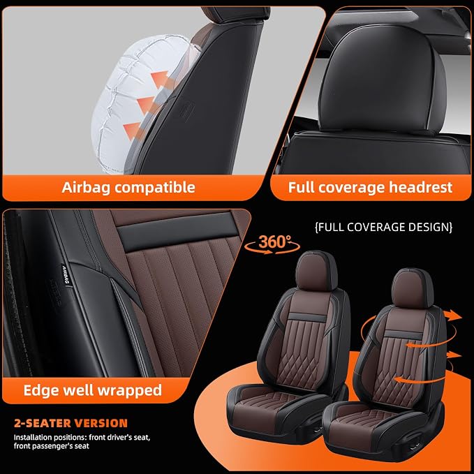 2-Seater Waterproof and Breathable Nappa Leather Car Seat Covers Full Set, Fit for Front Seats of Cars, Compatible with Airbags, Car Seat Protector Covers for Most Cars - Black Coffee