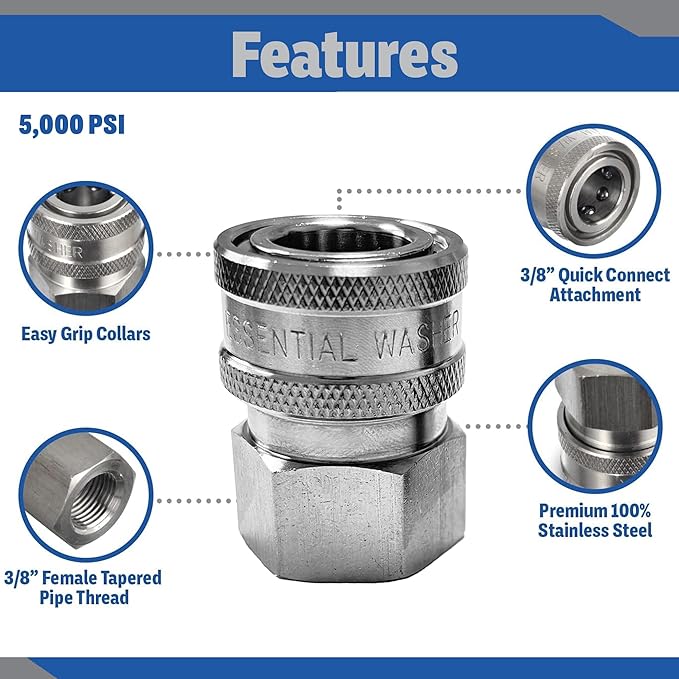 Essential Washer Stainless Steel ⅜” Quick Connect Female NPT | Pressure Washer Quick Connect Fittings | 5000 PSI | Set Of 6