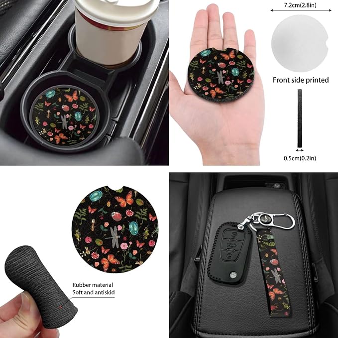 Cottagecore Car Interior Set Forest Butterfly Insect Car Seat Covers Elastic Auto Steering Wheel Cover+Non Slip Coaster+Gear Shift Knob & Handbreak Cushion for Most Vehicle Truck