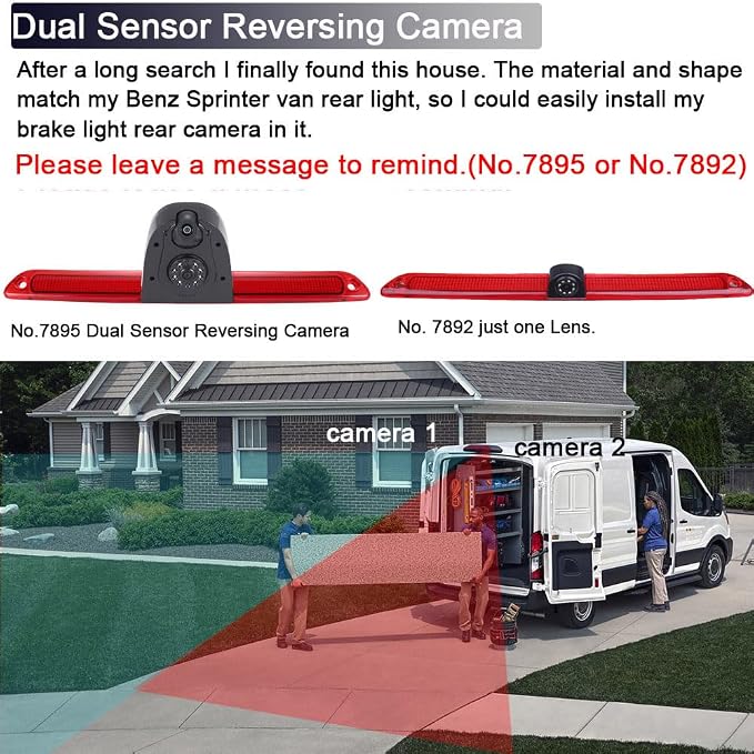 【New Super Dual Lens】Car Rear View Camera Brake Light Reversing System in 3rd Brake Light Camera, Replacement for Van Mercedes Benz Sprinter W906/ VW Crafter Caravelle 2007-2015 (with 7 inch monitor)