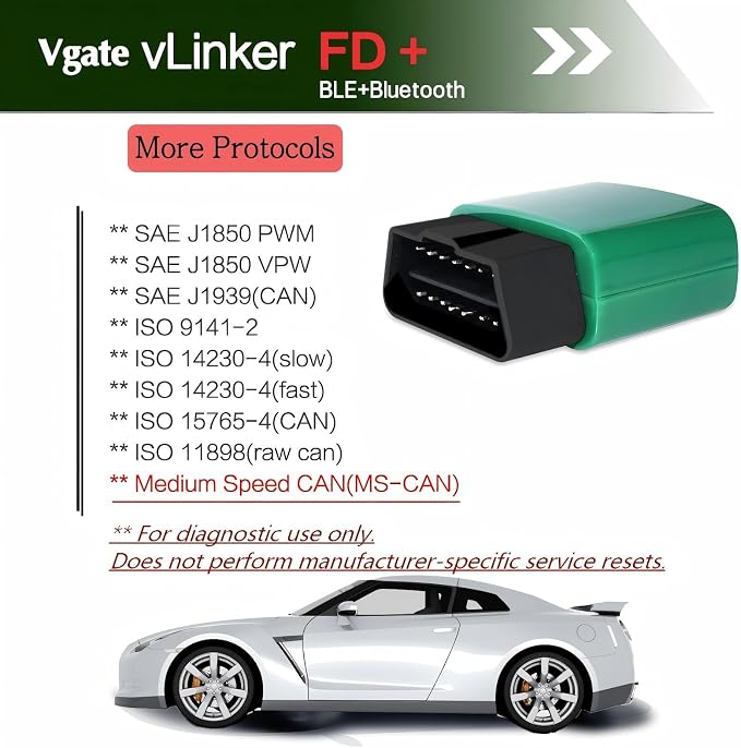 Vgate vLinker FD+ OBD2 Bluetooth Adapter – Diagnostic Code Reader for iOS, Android & Windows (Supports MS-CAN, ELM327)