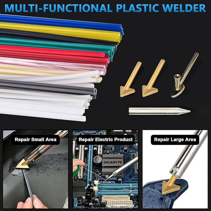 GNI Upgraded 150W LED Digital Adjustable Temperature Plastic Welder | 106PCS Welding Rods Repair Kit, 4 Tips 3 IN 1 Soldering Iron Kit, Plastic Welding Kit for DIY/Bumper Kayaks