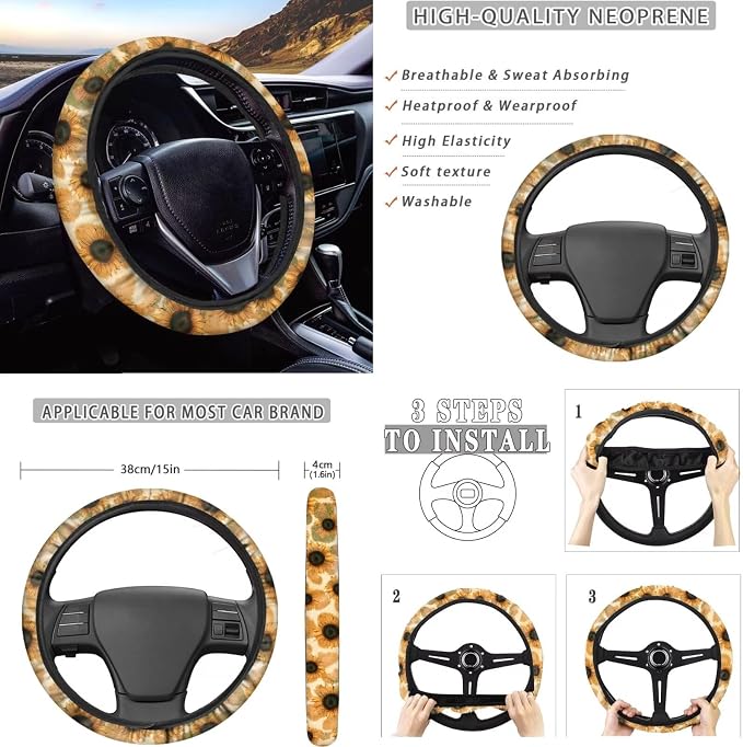 Dreaweet Aztec Sunflower Seat Covers Full Set for Women with Steering Wheel Cover/Center Console Cover/Seatbelt Cover/Car Coasters/Gear Shift Handbrake Cover,Universal Car Accessories for SUV Trucks