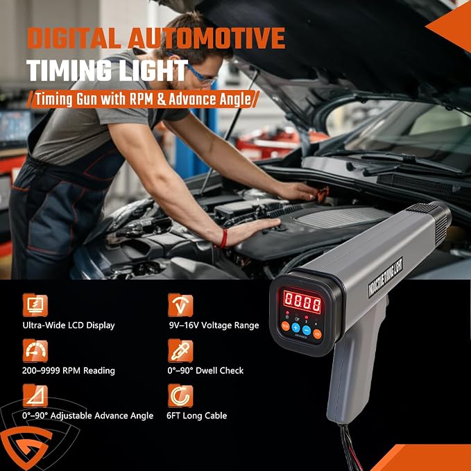 Digital Automotive Timing Light 12V,Timing Gun with Tachometer & Advance Angle, Inductive Clamp for 2/4-Stroke Gasoline Engines for Car/Motorcycle/Marine
