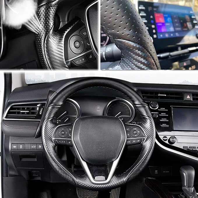 Matte Black Carbon Fiber & Nappa Leather Interior Accessories Steering Wheel Cover Hand-Stitch on Wrap Fit for Toyota RAV4 SUV 2019-2021 / Avalon 2019-2021 / Camry 2018-2021 / Corolla 2020-2021