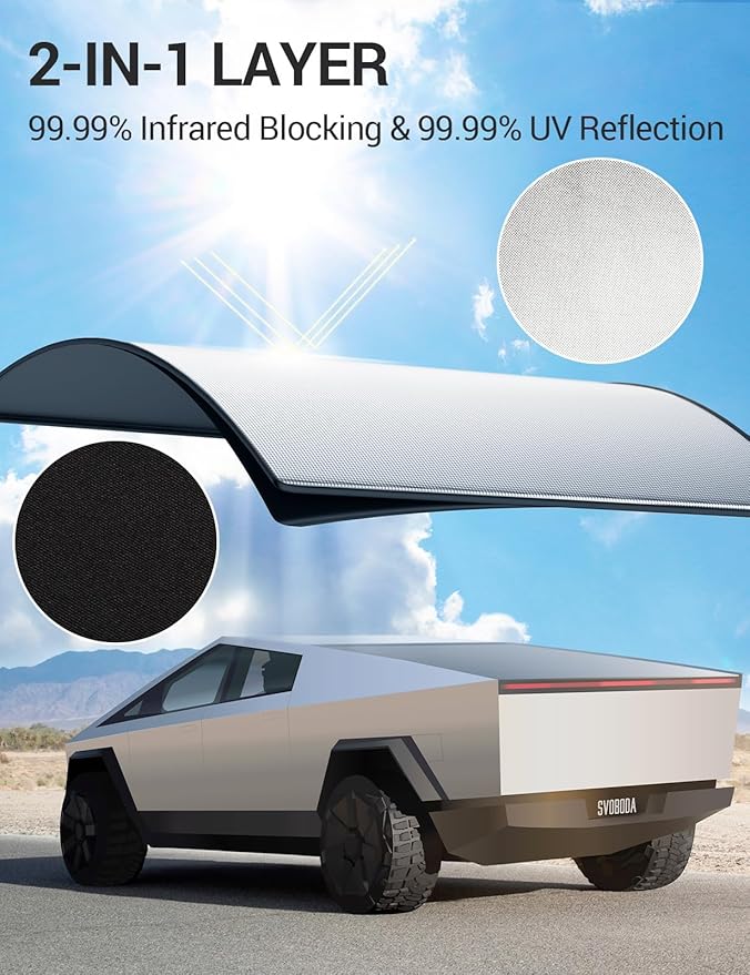 BASENOR 2026 2025 2024 Tesla Cybertruck Sunshade Roof [Nano Ice Crystal Cooling] Glass Roof Sun Shade Block UV Cover [No Gaps] Top Window Keep Cooling Foldable Sunshades Bag for Cybertruck Accessories