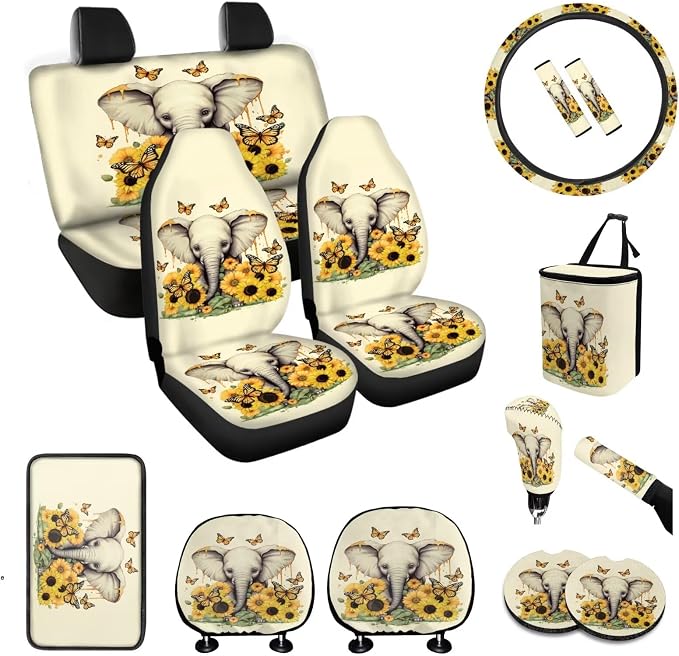 BIGCARJOB Sunflower Elephant Car Seat Cover Set for Front and Back,15 Pieces Sunflower Car Interior Sets with Car Seat Head Rest Protective Cover,Auto Garbage Bag,Auto Accessories Set