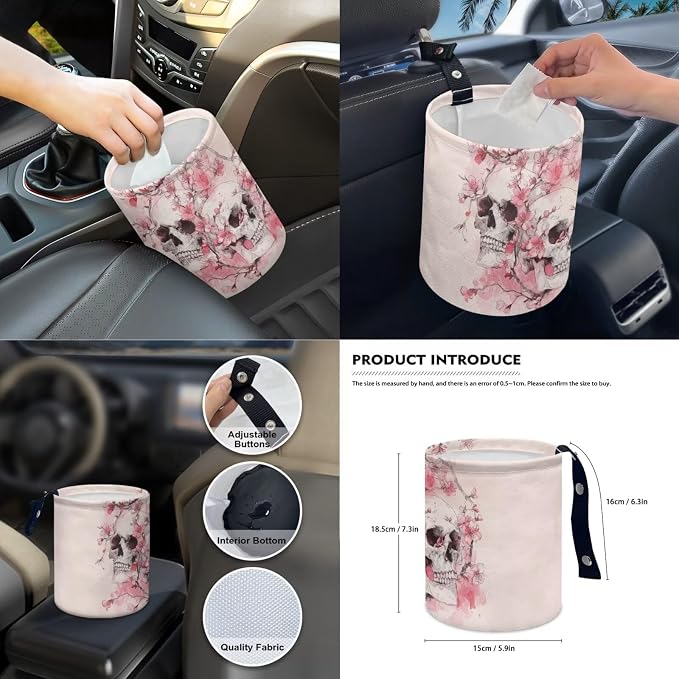 Skull Print Car Interior Cover Set of 14 Peach Blossom Print Front and Rear Split Bench Seat Covers with Steering Wheel Cover Center Console Pad Safety Belt Pads for SUV Truck Sedan