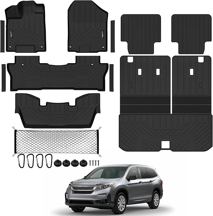 Tongama-Floor Mats for 2016-2022 Honda Pilot 7 Seats/Captain Seat(No Elite Models), All Weather TPE Trunk Mat with Backrest Mat & 2nd Row Backrest Mats & Cargo Net & Door Sill Guards Accessories