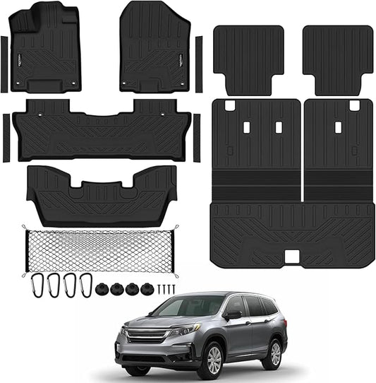 Tongama-Floor Mats for 2016-2022 Honda Pilot 7 Seats/Captain Seat(No Elite Models), All Weather TPE Trunk Mat with Backrest Mat & 2nd Row Backrest Mats & Cargo Net & Door Sill Guards Accessories