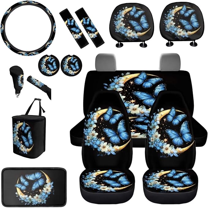 BIGCARJOB 15 Pcs Butterfly Car Interior Sets Moon Butterfly Car Seat Cover Full Set Vehicle Bucket Seat Cover Full Set Trash Can Car Seat Headrest Pillow Cover Seat Belt Pads