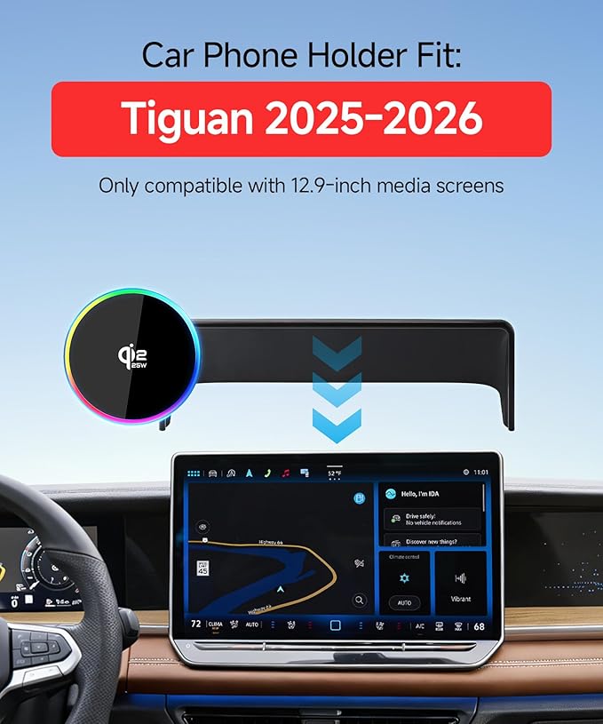 Qi2.2 Max 25W Fast Wireless Car Charger Phone Holder for 2025-2026 Volkswagen Tiguan 12.9-Inch Screen, Magnetic Phone Mount Compatible with MagSafe