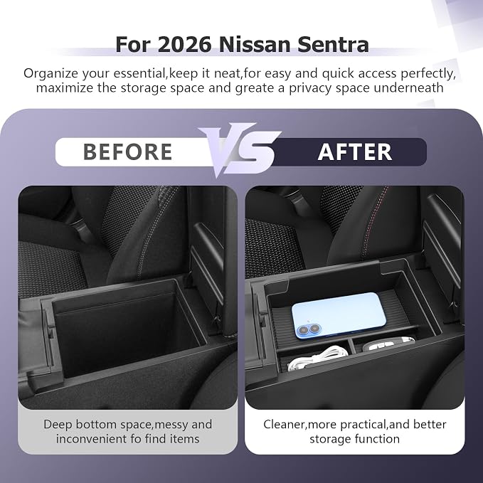 LUWU 2026 Sentra Center Console Organizer Compatible with 2026 Sentra Accessories Armrest Console Organizer Armrest Insert Tray Sentra S/SV/SR/SL 2026 Accessories Black ABS Material