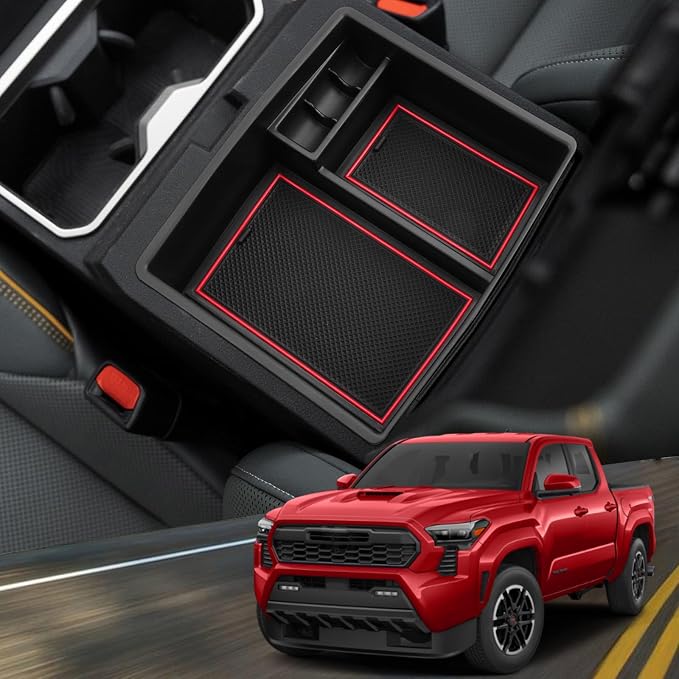 YEE PIN for 2024 2025 Toyota Tacoma Center Console Organizer for 2025 Toyota Tacoma Accessories SR/SR5/TRD PreRunner/TRD Sport/TRD Off-Road/Limited/Trailhunter/TRD Pro Middle Console Insert Tray Red
