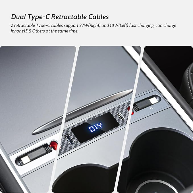 Silver Gray USB Hub for Tesla Owners, 2 USB C Retractable Fast Charging Cables for iPhone 15, is Necessary Tesla Tesla Model 3/Y Accessories (2024-2021) but not Highland or Juniper Compatible