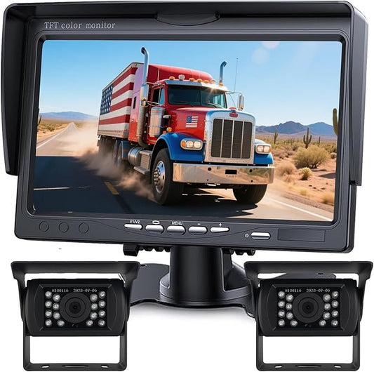 Backup Camera Monitor Kit,7" HD 1080P Monitor,IP69 Waterproof Rearview Reversing Rear View Camera for Truck Trailer Semi-Trailer Box Truck RV Pickup Truck,Easy Installation (Dual Cam)