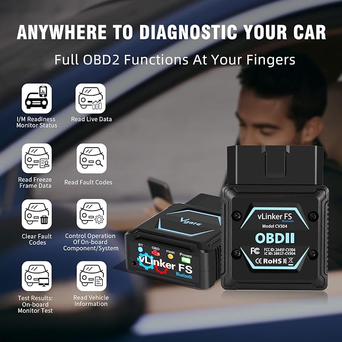 VGATE vLinker FS Bluetooth OBD2 Scanner Diagnostic Tool Wireless Code Reader for iPhone, Android & Windows Bi-Directional Control Car Diagnostic Scanner,All Systems Diagnosis, 30+ Services