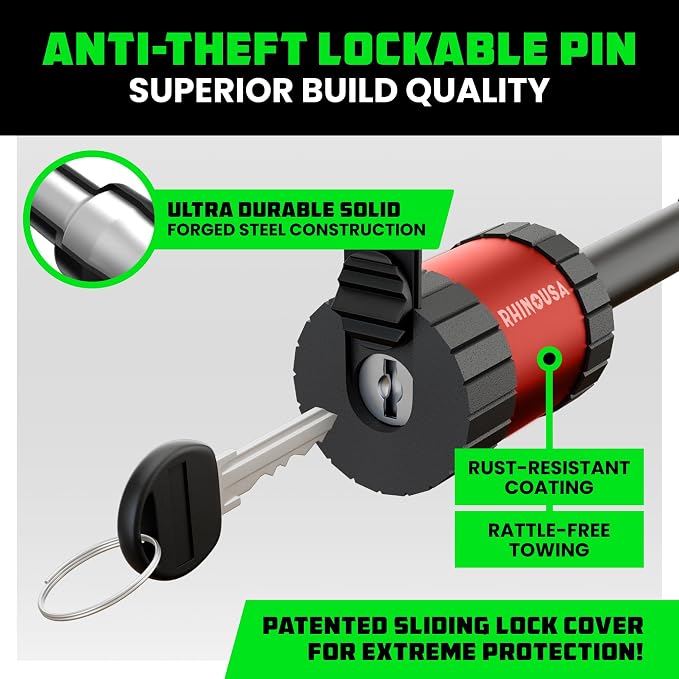 Rhino USA 2” Trailer Hitch Pin – Patented 5/8" Locking Receiver Pin for Class III/IV Hitches – Weatherproof, Anti-Theft, Debris-Protected – Tow Truck Ready – Red 1PK